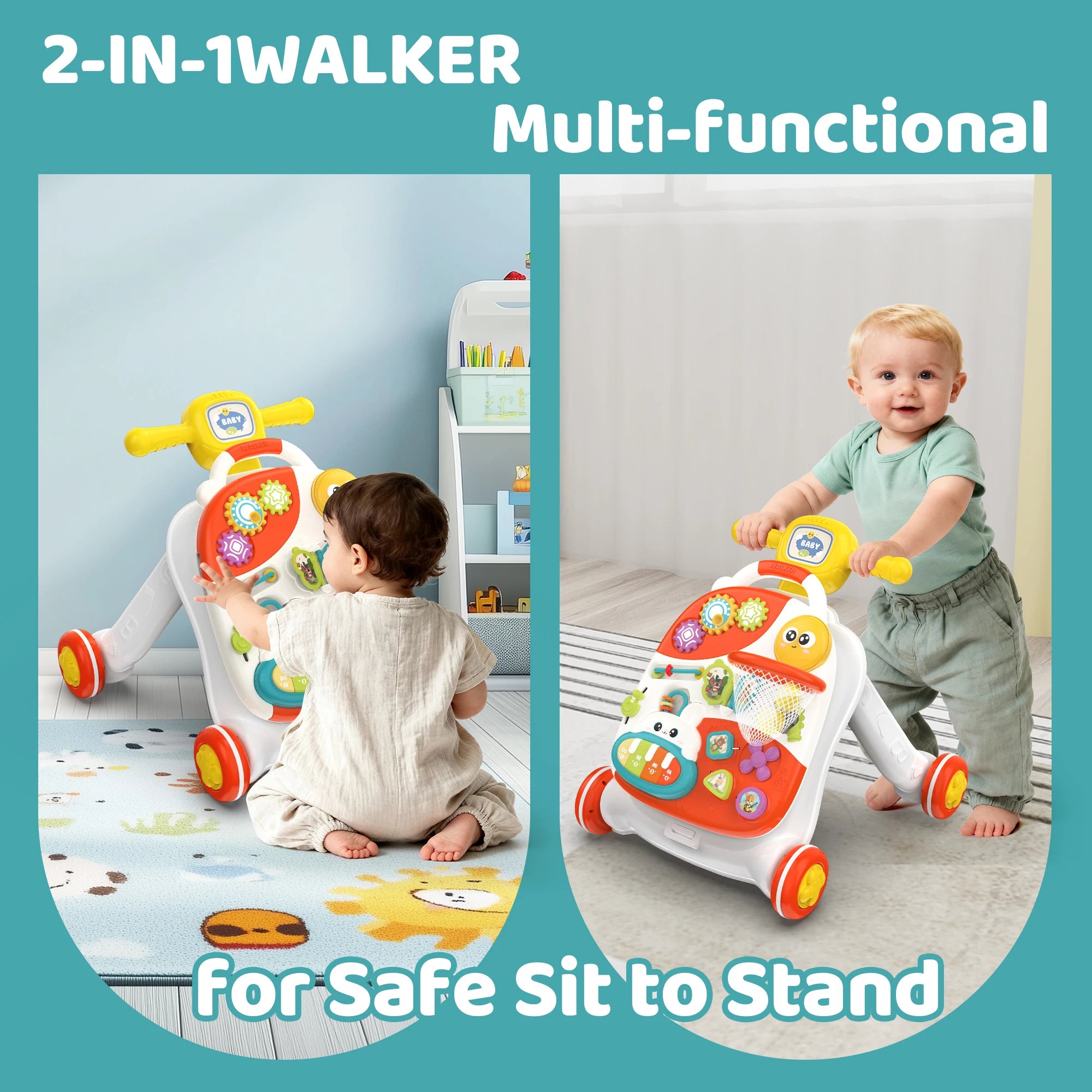3 in 1 Baby Push Walker and Activity Center, Sit to Stand Walker for Babies 6-12 Months