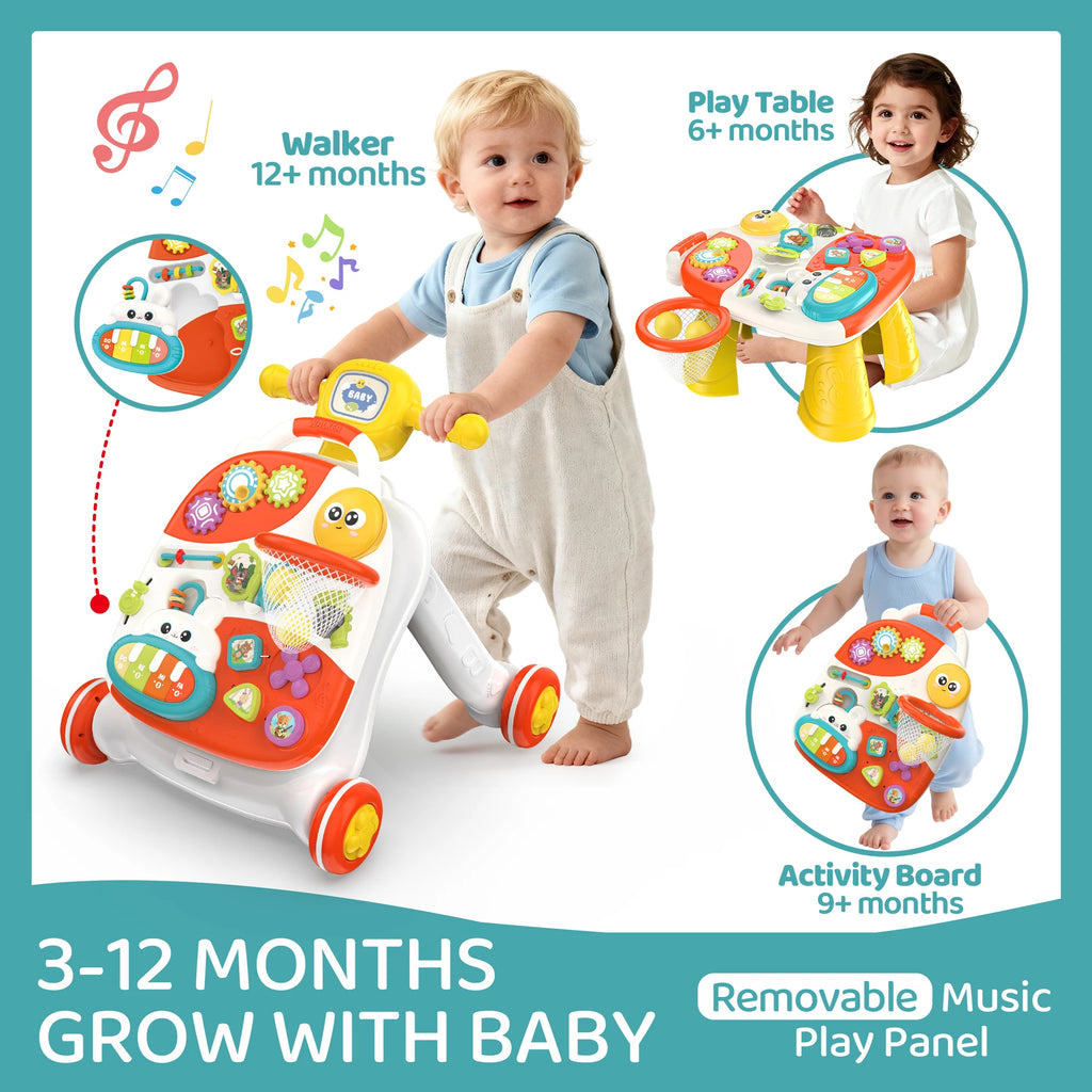 3 in 1 Baby Push Walker and Activity Center, Sit to Stand Walker for Babies 6-12 Months