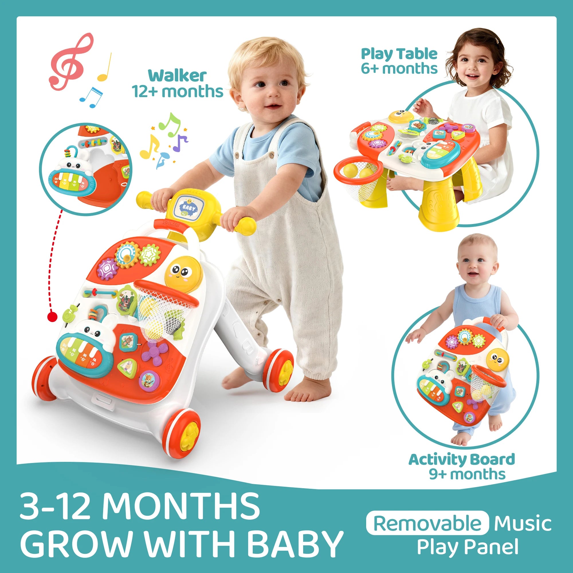 3 in 1 Baby Push Walker and Activity Center, Sit to Stand Walker for Babies 6-12 Months