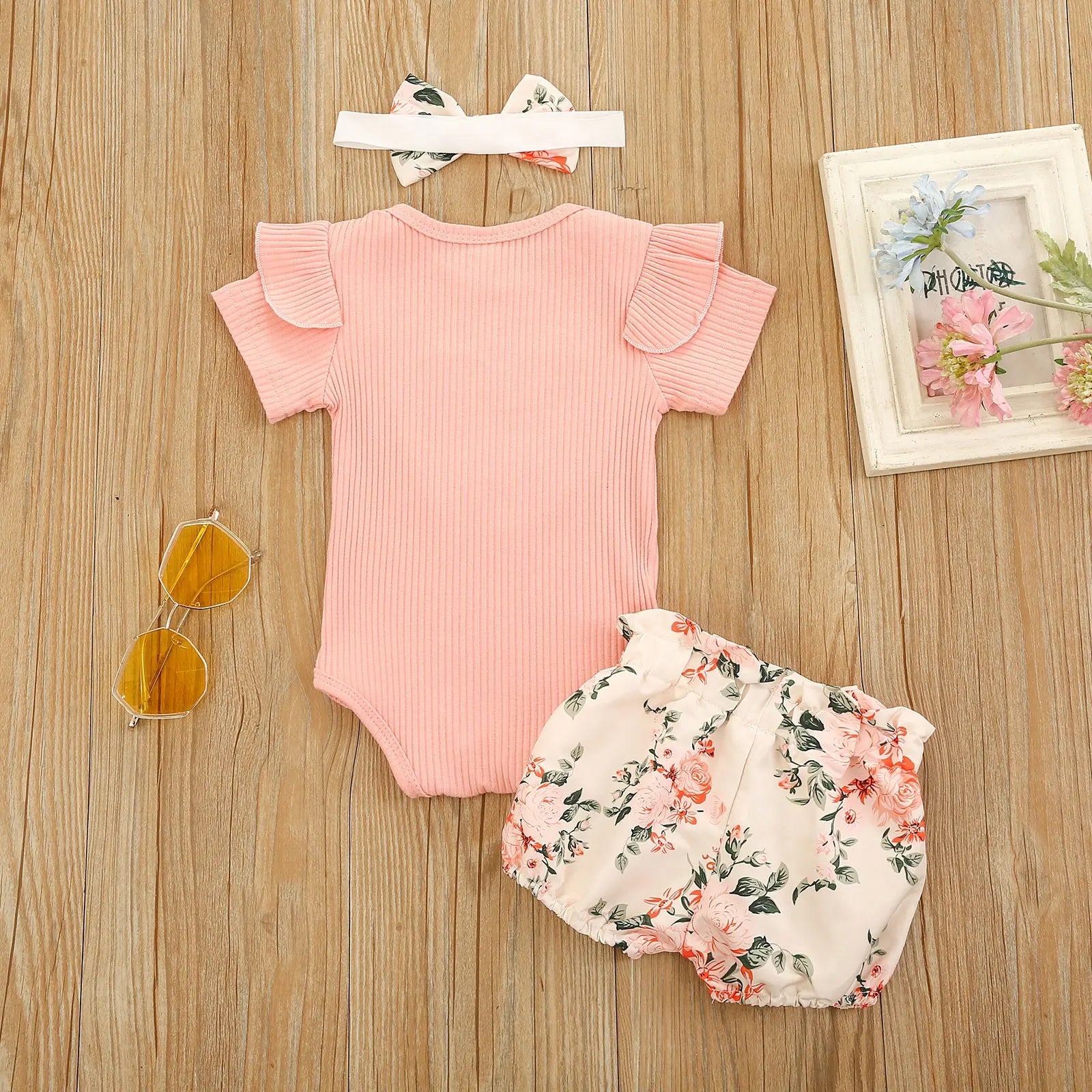 Summer Baby Girl Clothes Set Ruffle Short Sleeve Knit Romper