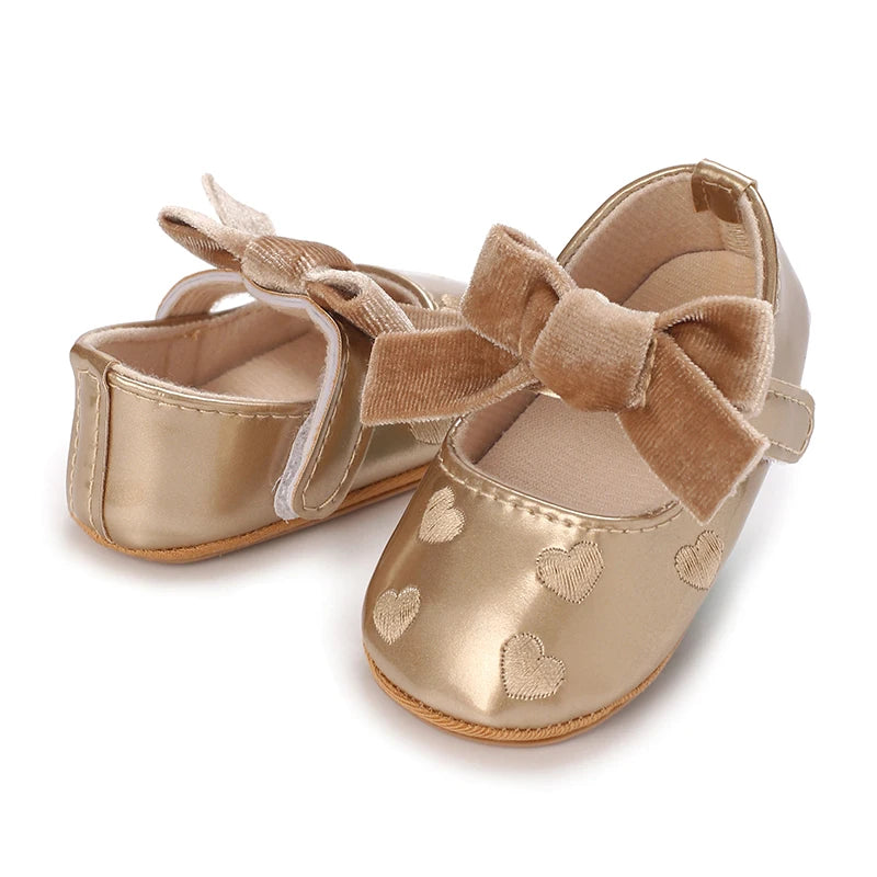 Adorable Baby Girls Heart Pattern Bowknot Soft Sole PU Leather Flats Shoes