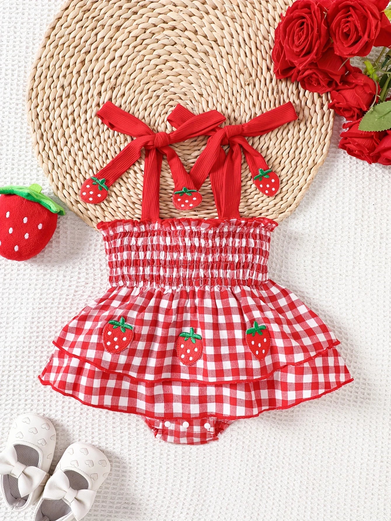 Baby Girl Strawberry Gingham Smocked Tie-Strap Romper Dress