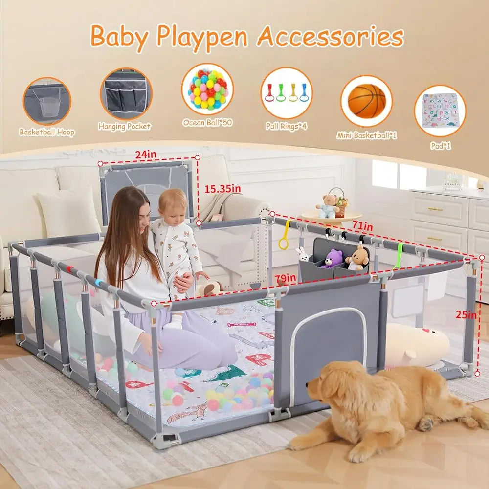 Gray Playpen for Babies & Toddlers, 79x71 with Mat