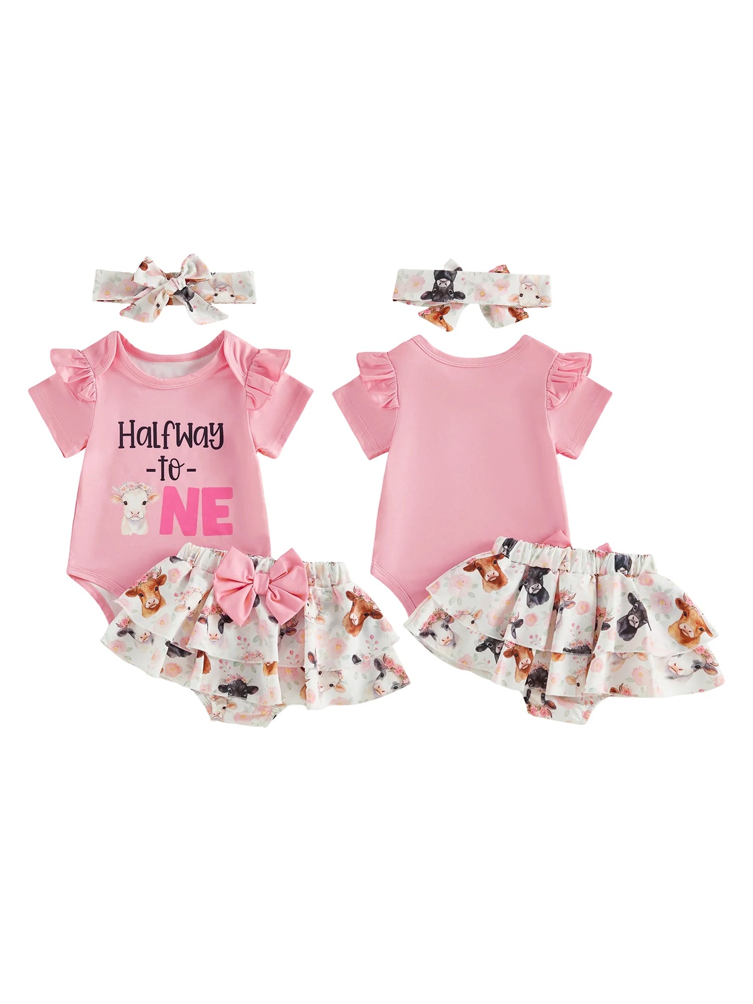 Baby Girl 6 Month Birthday Set with Ruffle Romper Skorts and Headband