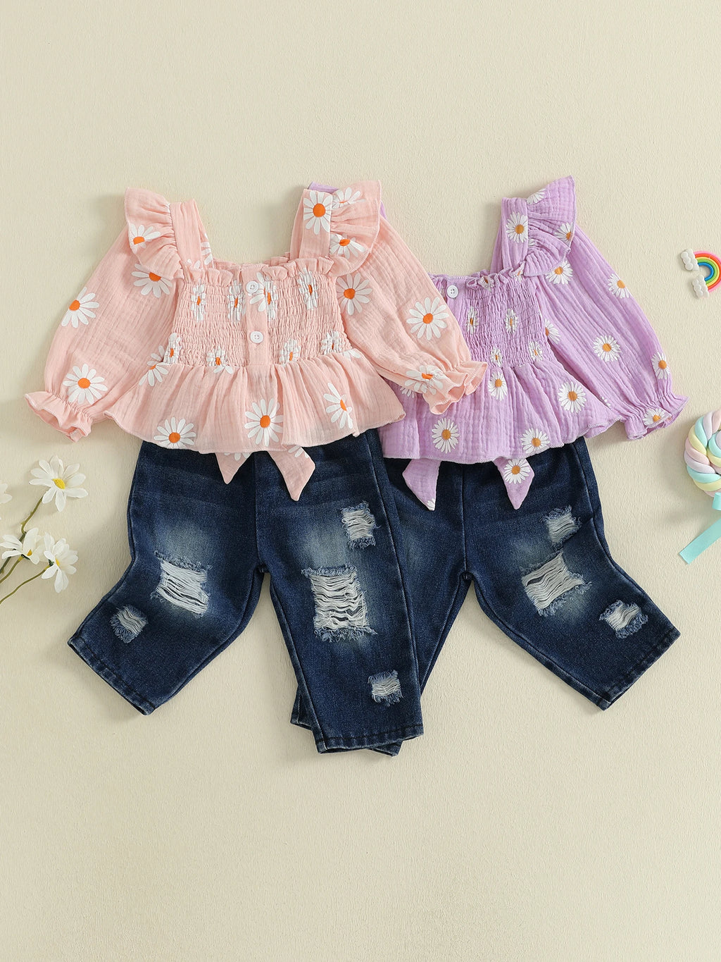 Girls 2-Piece Outfit Set with Floral Print Long Sleeve