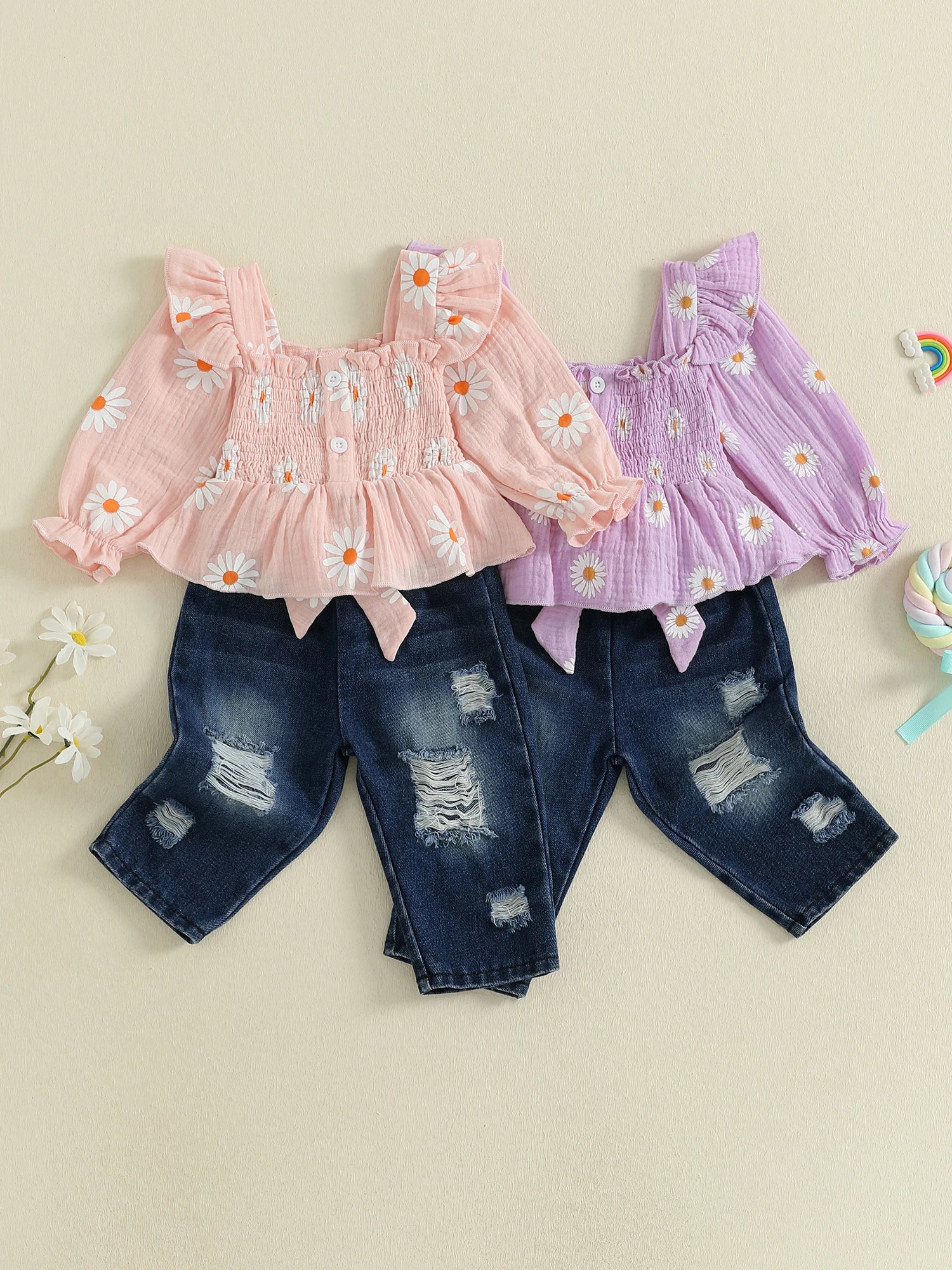 Girls 2-Piece Outfit Set with Floral Print Long Sleeve