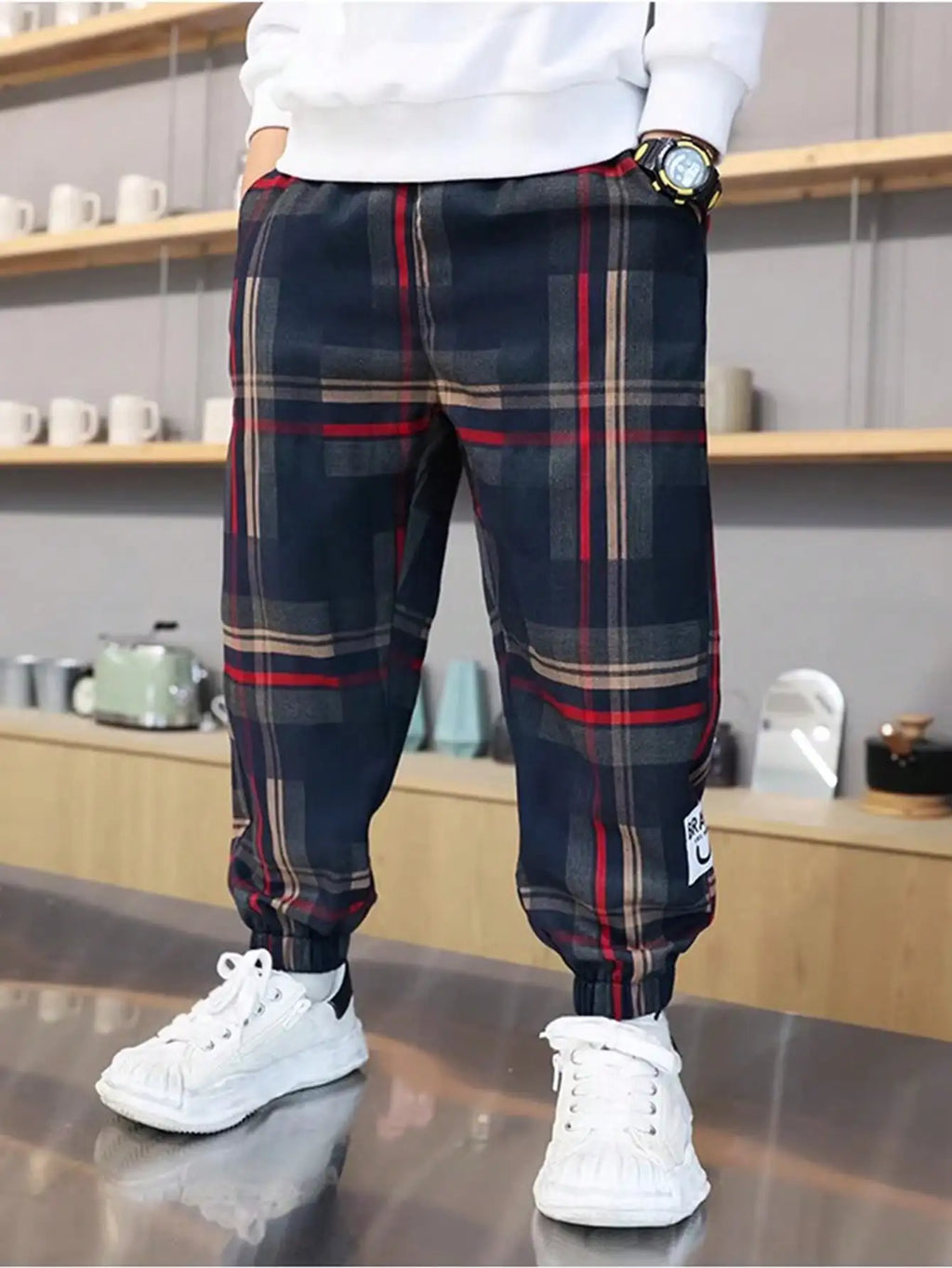 Boys Loose Fit Plaid Jogger Pants with Elastic Cuffs