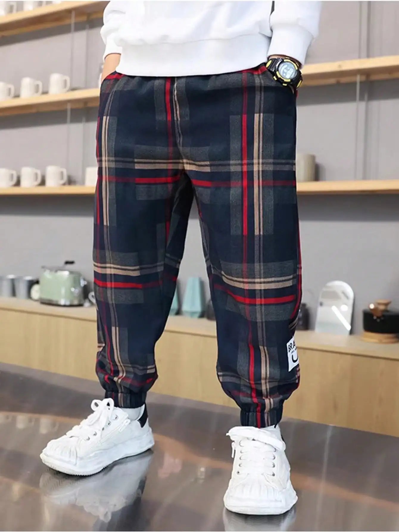 Boys Loose Fit Plaid Jogger Pants with Elastic Cuffs