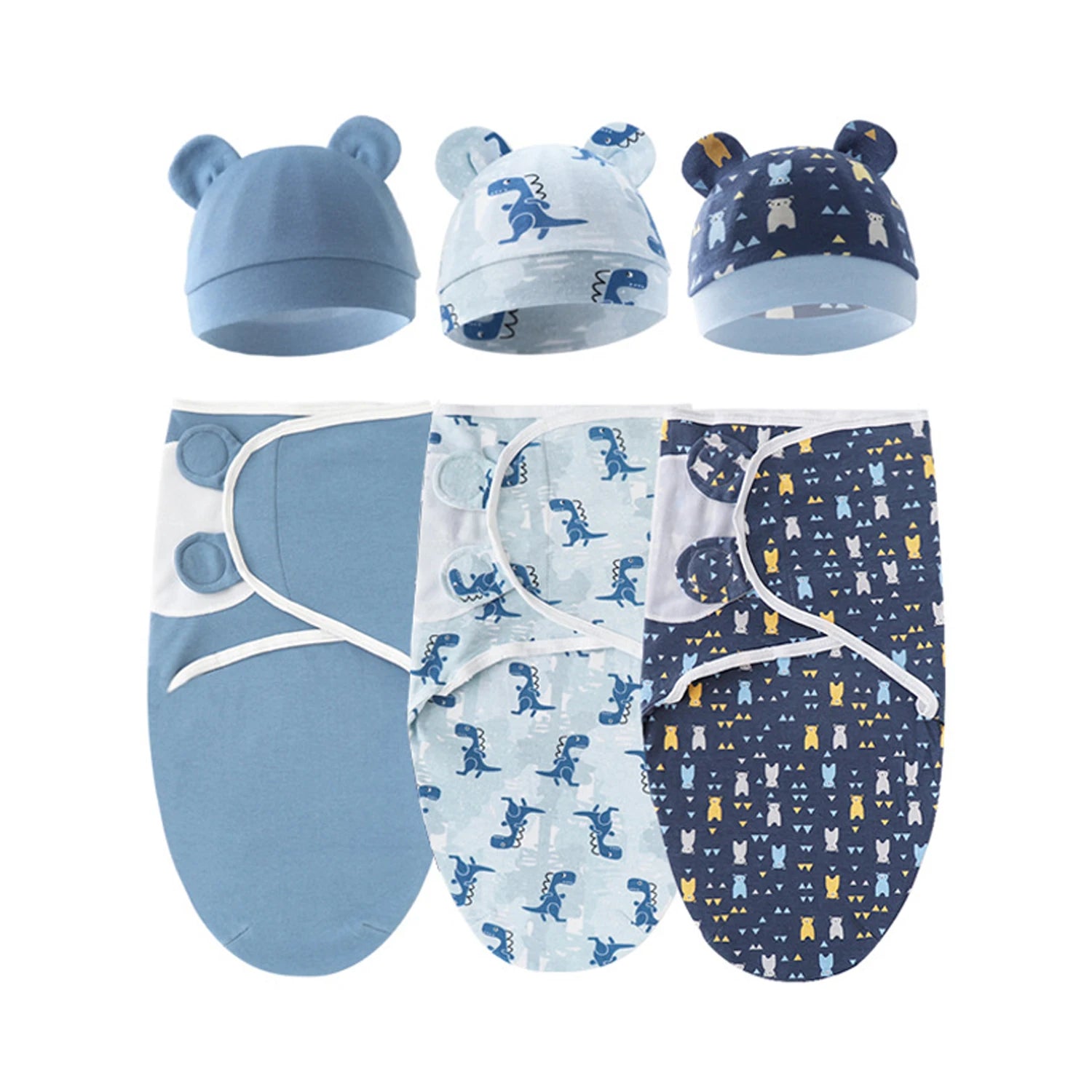 Set of 3 newborn swaddle blankets and baby hats