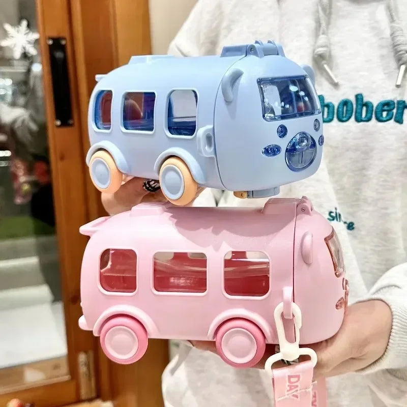 Portable Bear Water Bottle with Shoulder Strap Kid Cute Car Straw Water Cup Bus