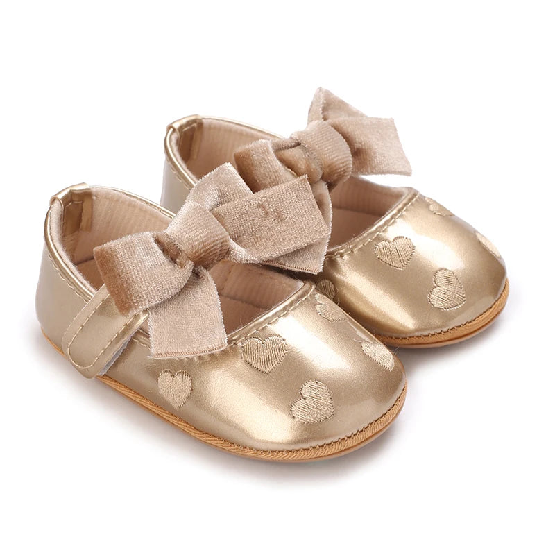 Adorable Baby Girls Heart Pattern Bowknot Soft Sole PU Leather Flats Shoes