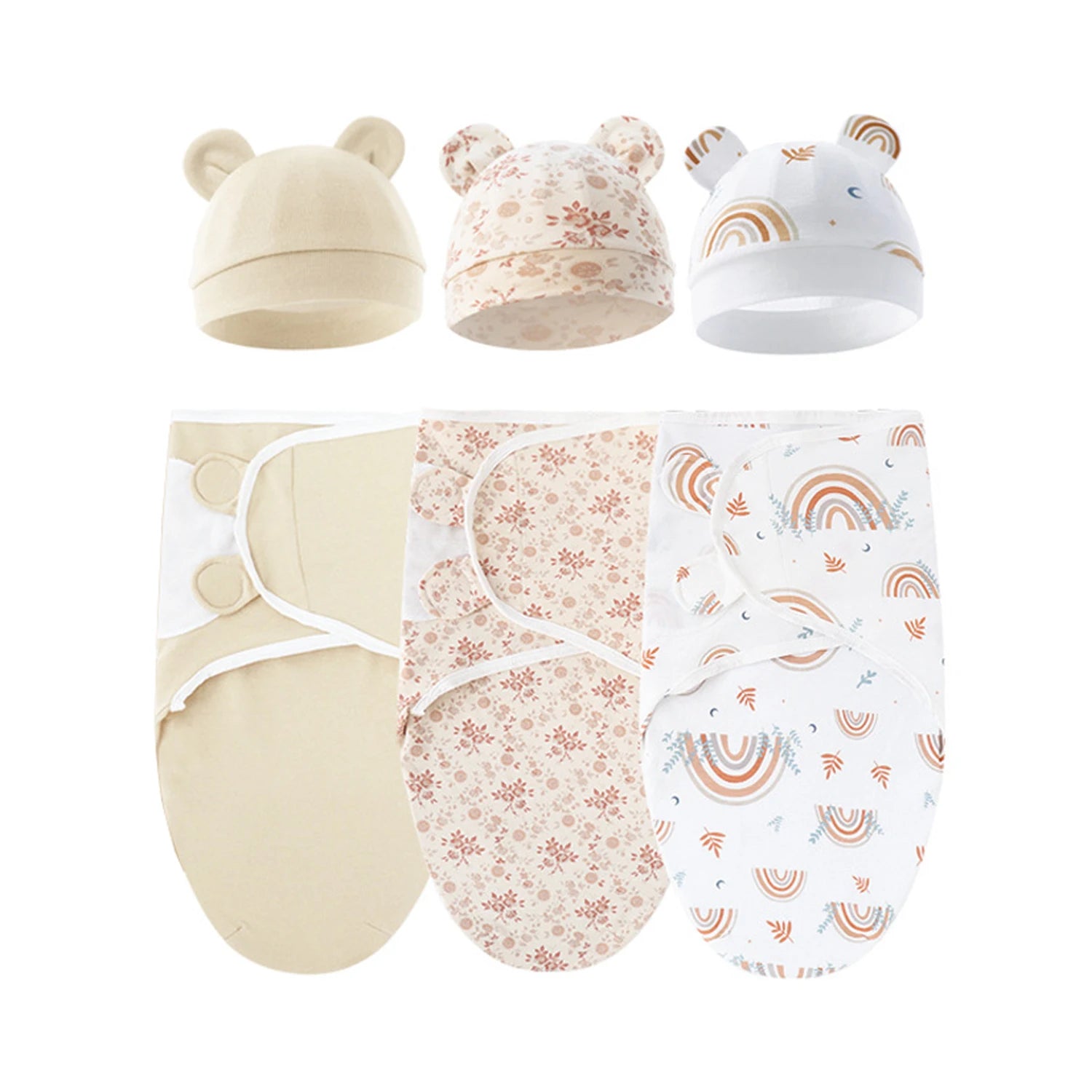 Set of 3 newborn swaddle blankets and baby hats