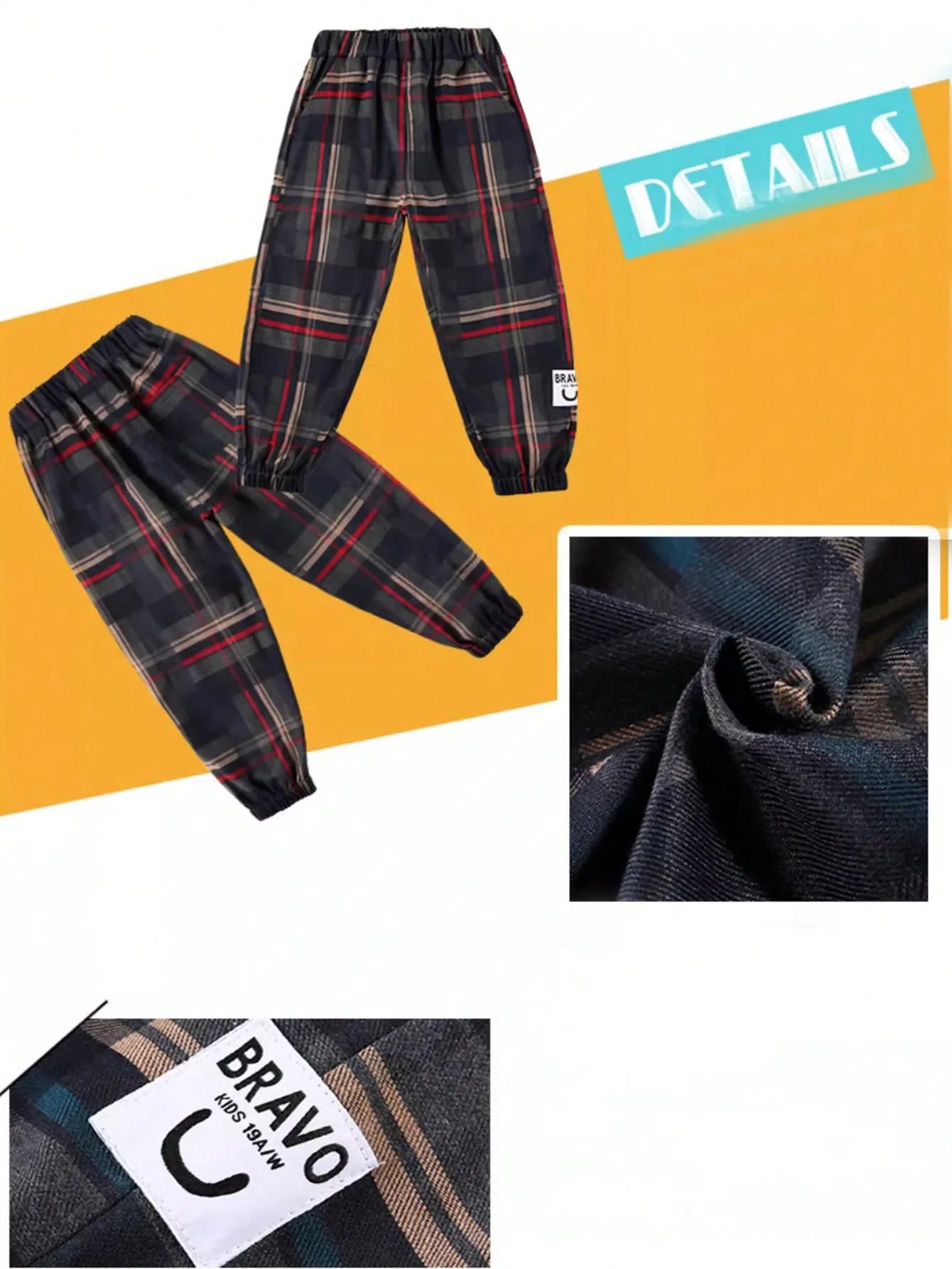 Boys Loose Fit Plaid Jogger Pants with Elastic Cuffs