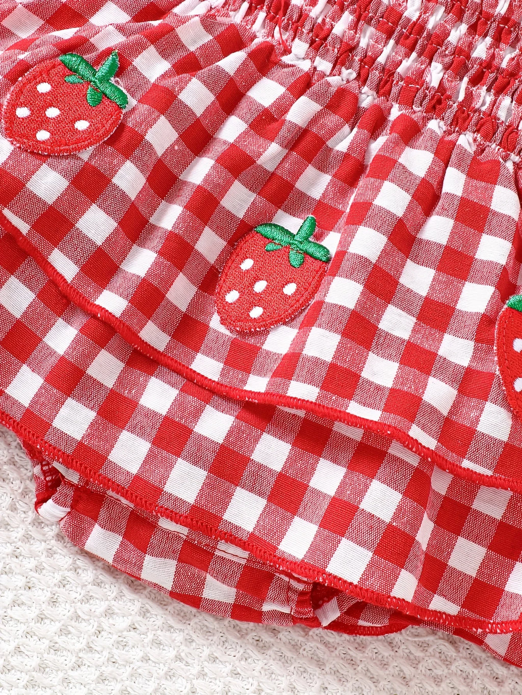 Baby Girl Strawberry Gingham Smocked Tie-Strap Romper Dress