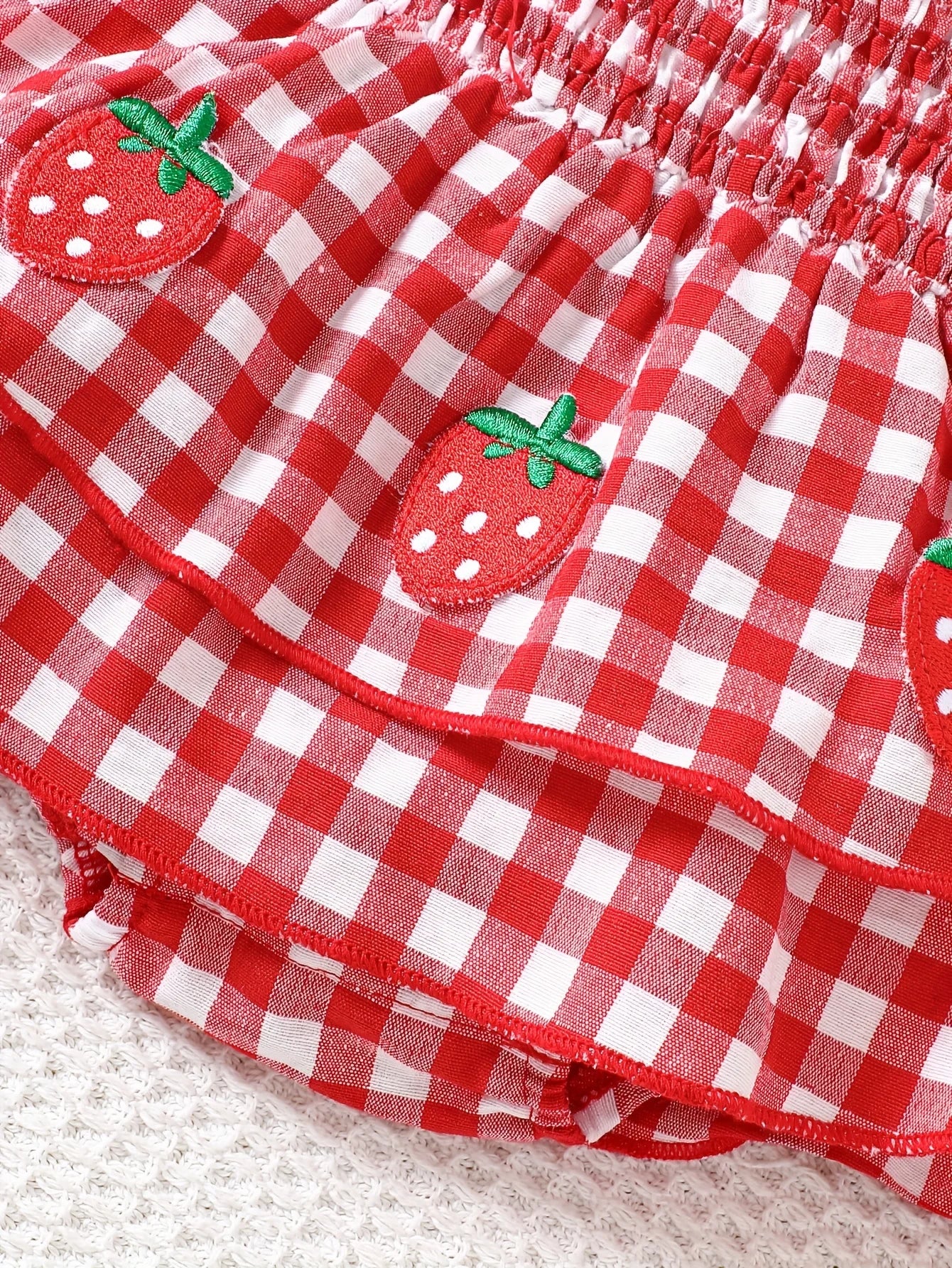 Baby Girl Strawberry Gingham Smocked Tie-Strap Romper Dress