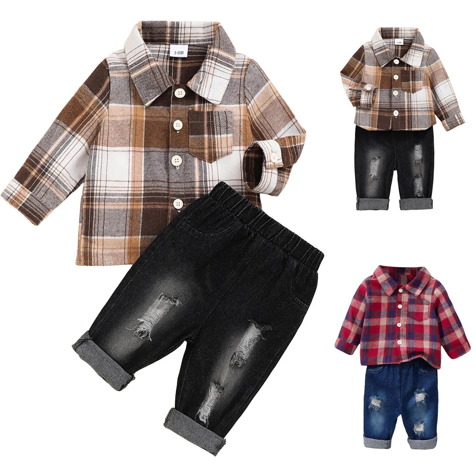 2Pcs Kids Boys Flannel Plaid Shirt Tops