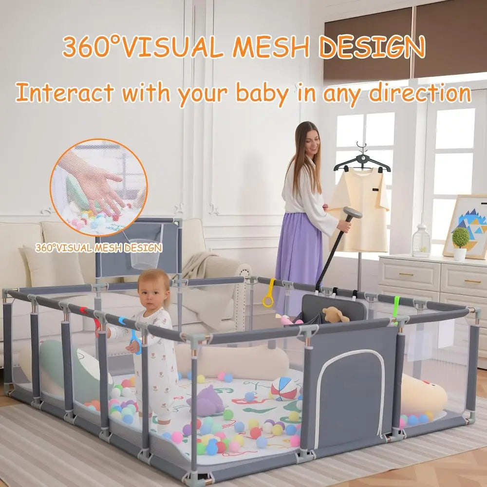 Gray Playpen for Babies & Toddlers, 79x71 with Mat