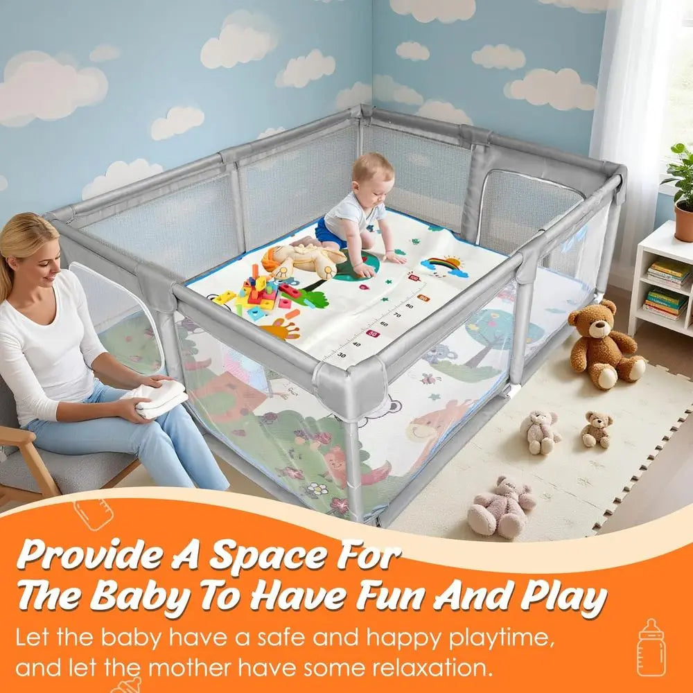 Gray Extra Large Baby Playpen with Mat