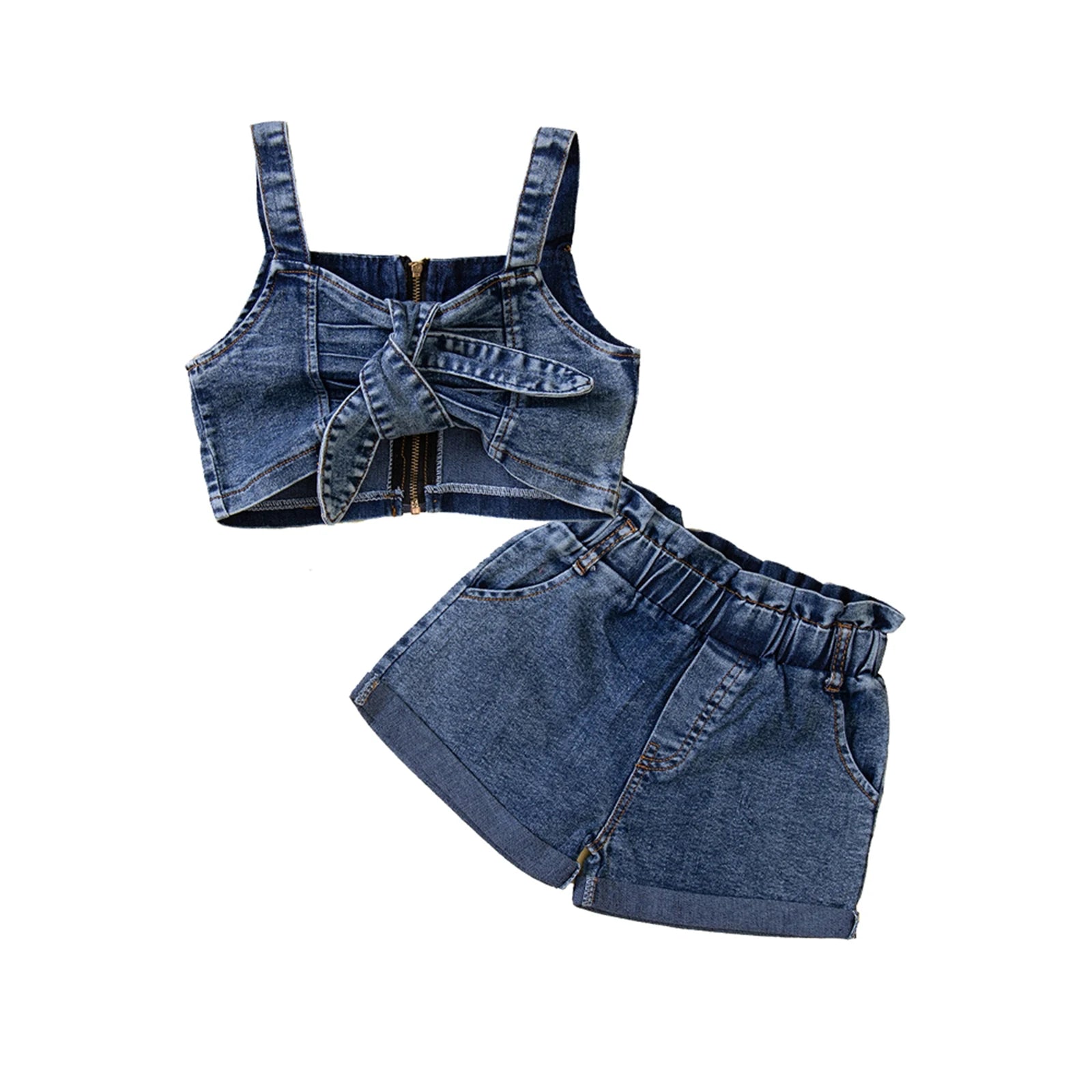 Little Girls 2PCS Pants Set Sling Plain Tie-Up Zip-Up Crop