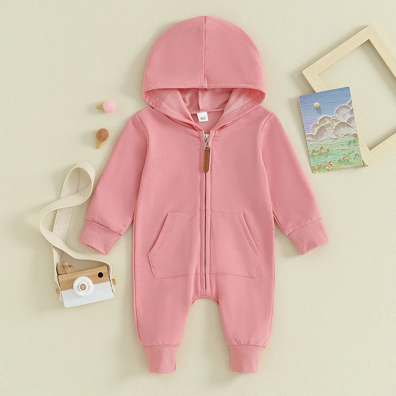 0-12M Newborn Baby Boys Girls Clothing Zipper Hooded Jumpsuit Romper