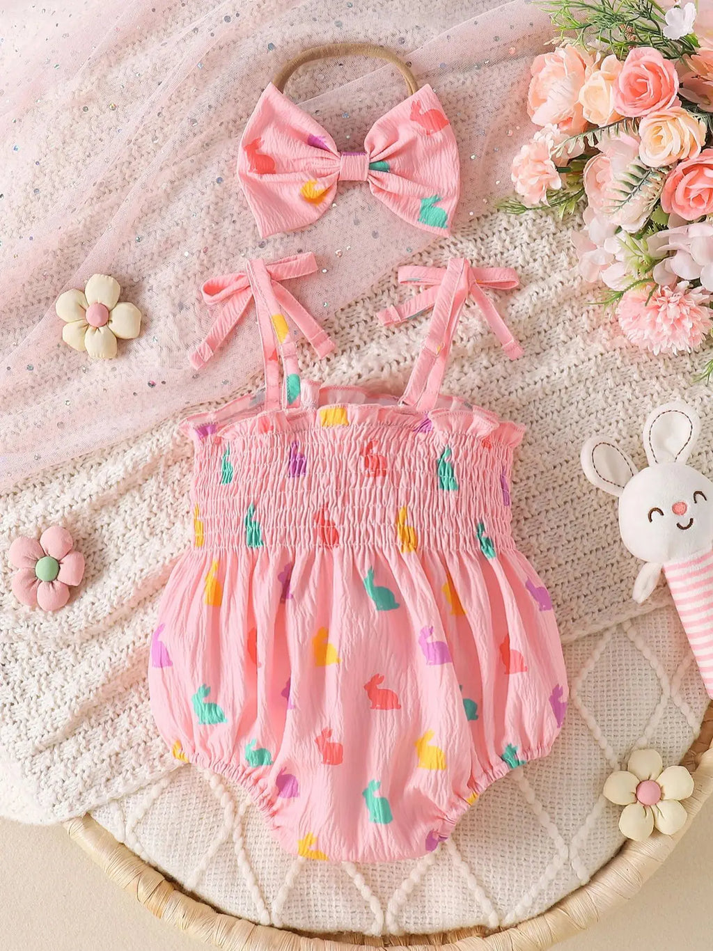 Newborn Baby Girl Rabbit Print Romper Set