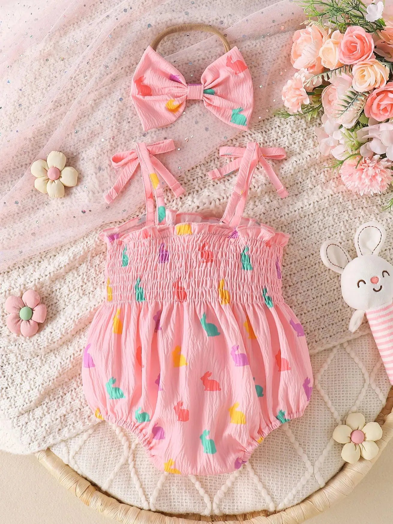 Newborn Baby Girl Rabbit Print Romper Set