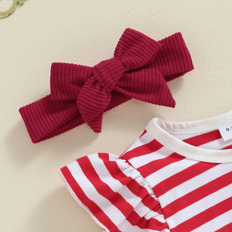 2024-05-18 Lioraitiin Baby Girl Thanksgiving Outfits Stripe Long Sleeve Romper Turkey Embroidery Overalls Dress Headband Set