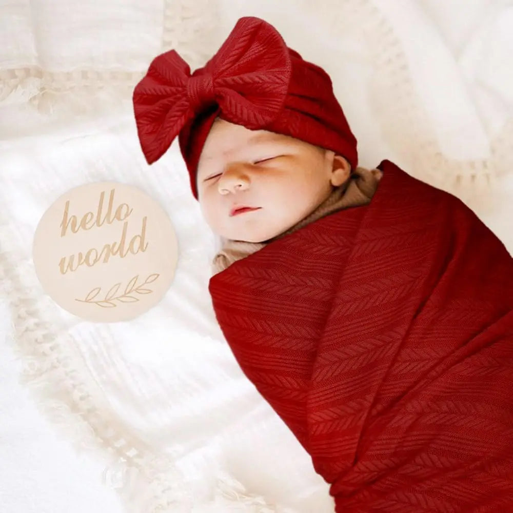 Soft Wheat-Pattern Newborn Swaddle Set with Bow Hat