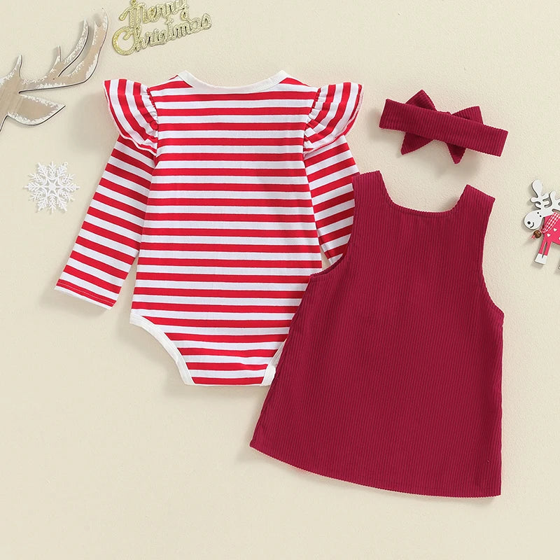 2024-05-18 Lioraitiin Baby Girl Thanksgiving Outfits Stripe Long Sleeve Romper Turkey Embroidery Overalls Dress Headband Set