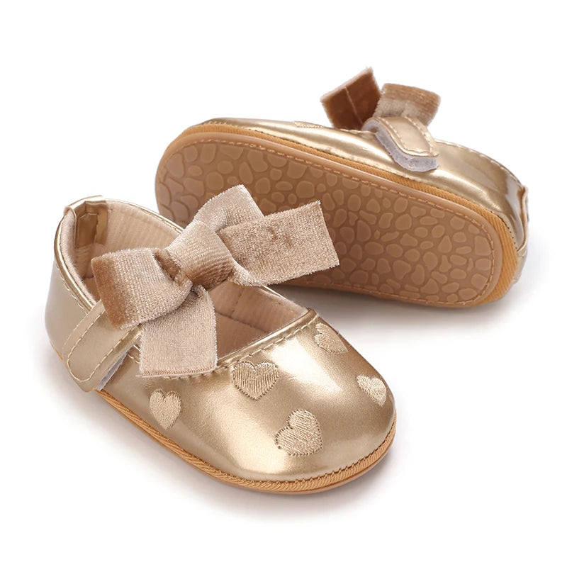 Adorable Baby Girls Heart Pattern Bowknot Soft Sole PU Leather Flats Shoes