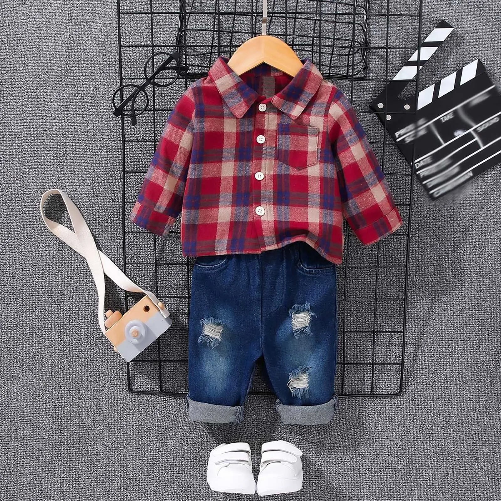 2Pcs Kids Boys Flannel Plaid Shirt Tops
