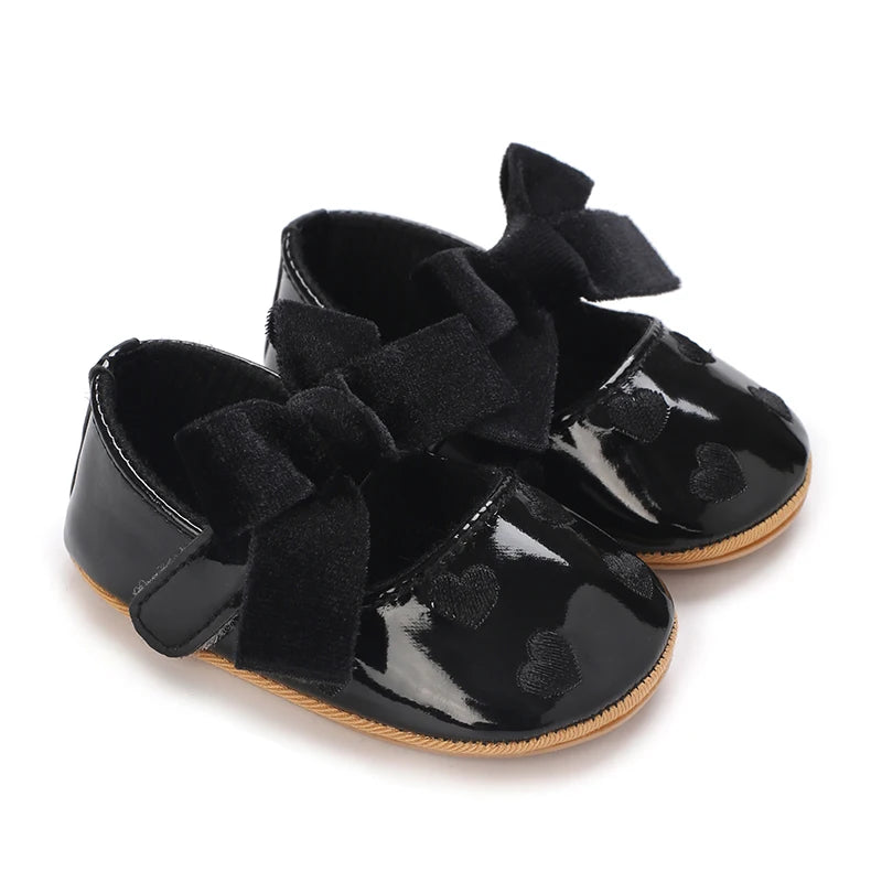 Adorable Baby Girls Heart Pattern Bowknot Soft Sole PU Leather Flats Shoes