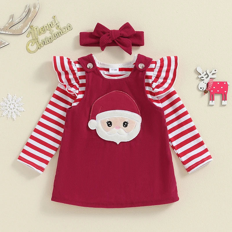 2024-05-18 Lioraitiin Baby Girl Thanksgiving Outfits Stripe Long Sleeve Romper Turkey Embroidery Overalls Dress Headband Set