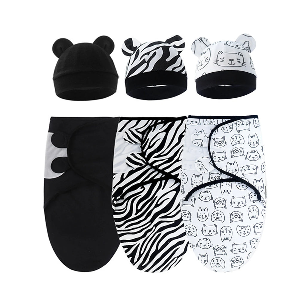 Set of 3 newborn swaddle blankets and baby hats