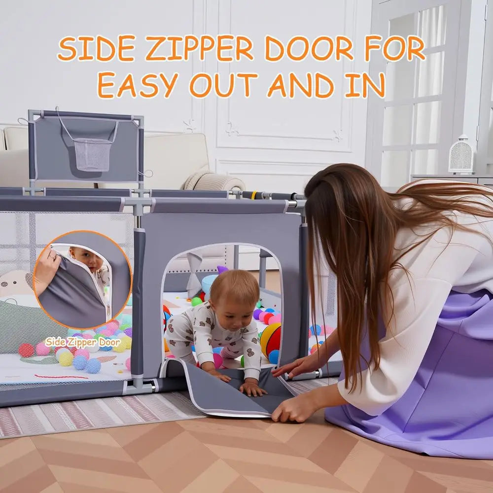 Gray Playpen for Babies & Toddlers, 79x71 with Mat