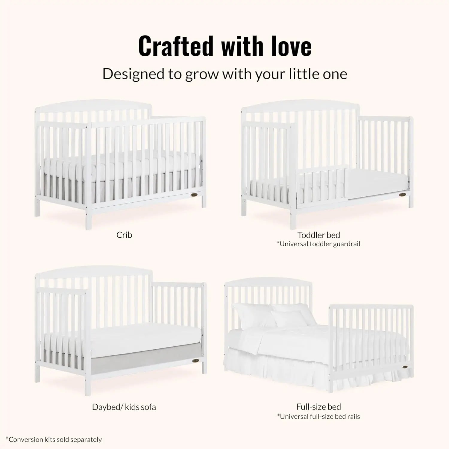 5-in-1 Convertible Full-Size Baby Crib in White, Converts to Toddler & Bed