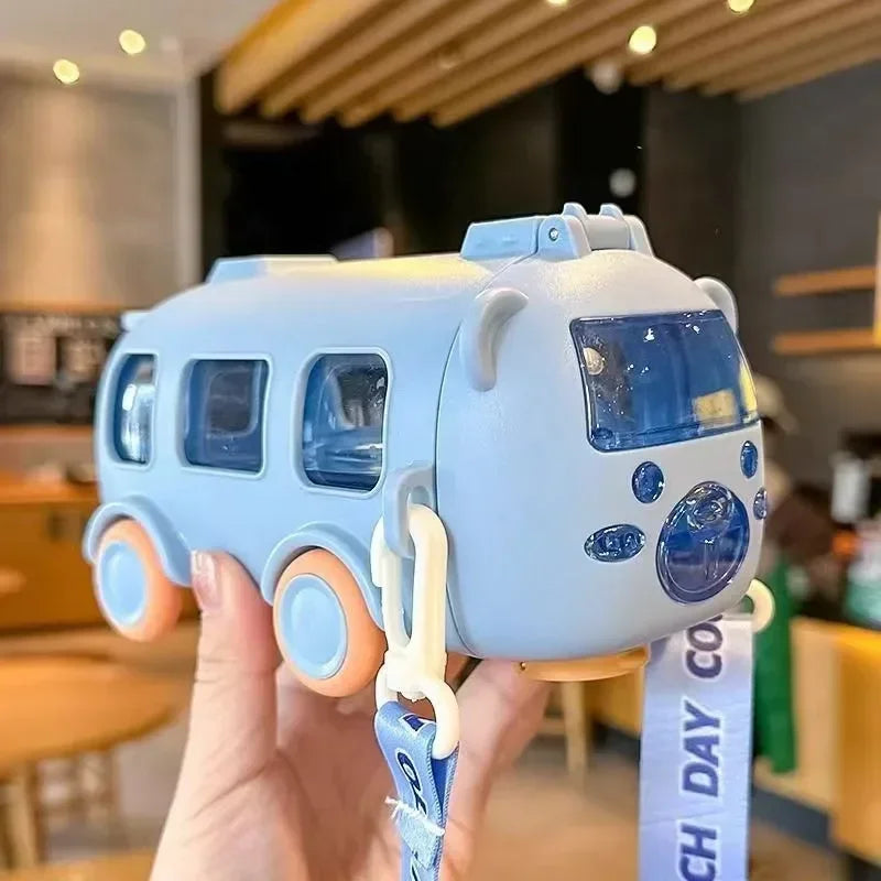 Portable Bear Water Bottle with Shoulder Strap Kid Cute Car Straw Water Cup Bus