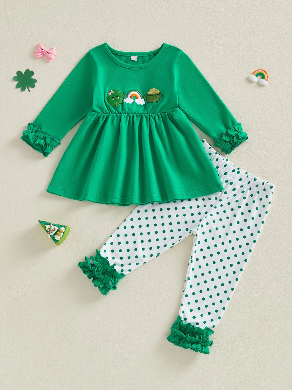 St Patrick s Day Toddler Girl Green Clover Print  2 Piece Set with Bow
