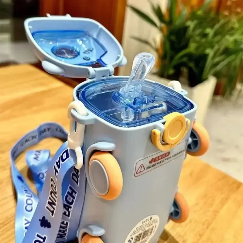 Portable Bear Water Bottle with Shoulder Strap Kid Cute Car Straw Water Cup Bus