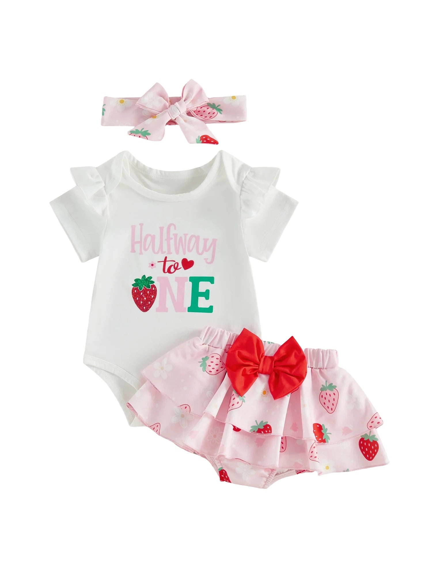 Baby Girl 6 Month Birthday Set with Ruffle Romper Skorts and Headband
