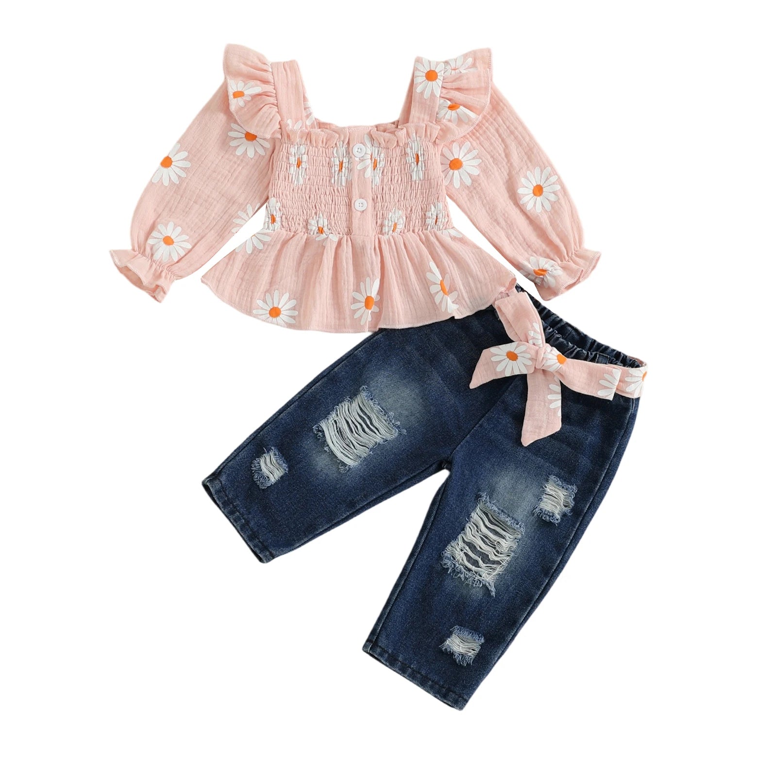 Girls 2-Piece Outfit Set with Floral Print Long Sleeve