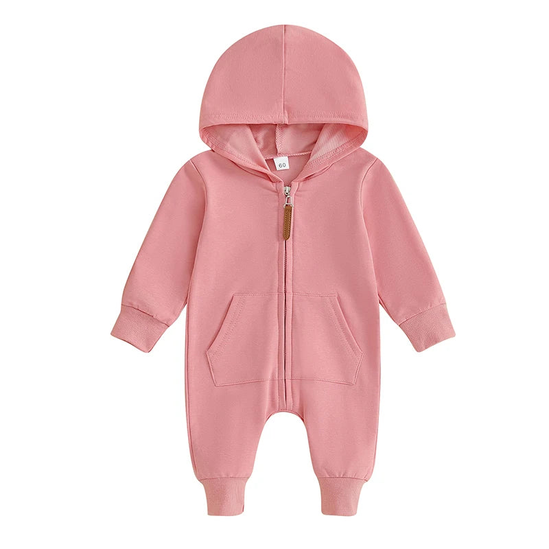 0-12M Newborn Baby Boys Girls Clothing Zipper Hooded Jumpsuit Romper