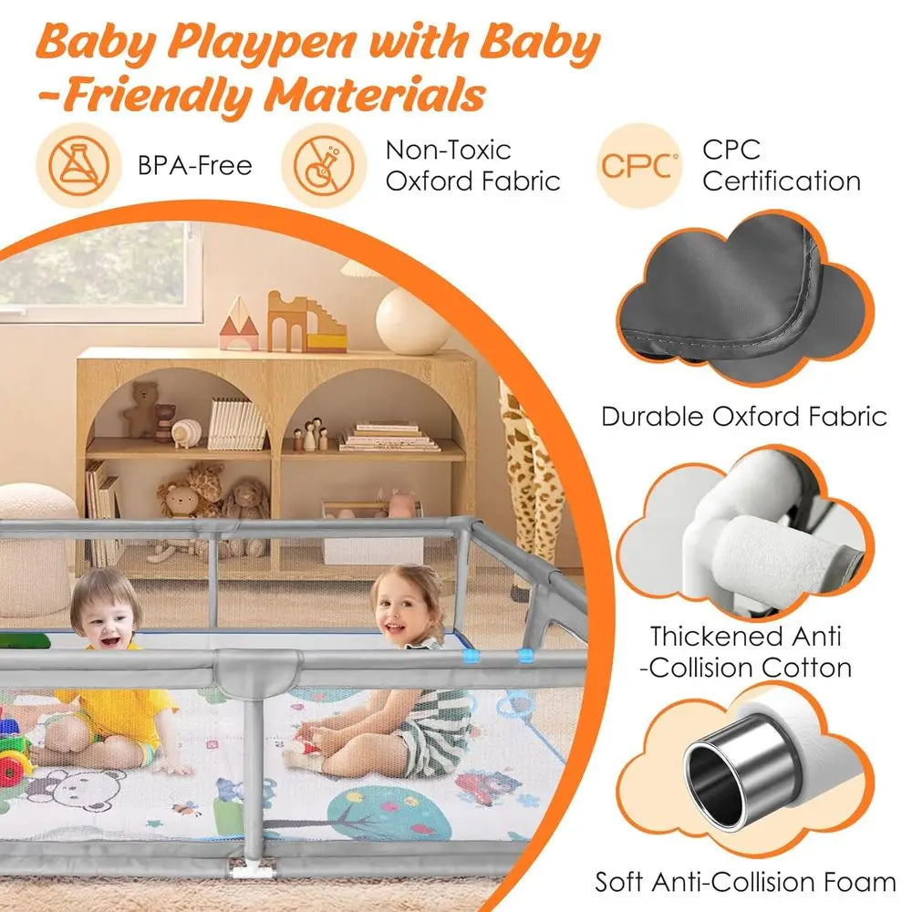 Gray Extra Large Baby Playpen with Mat