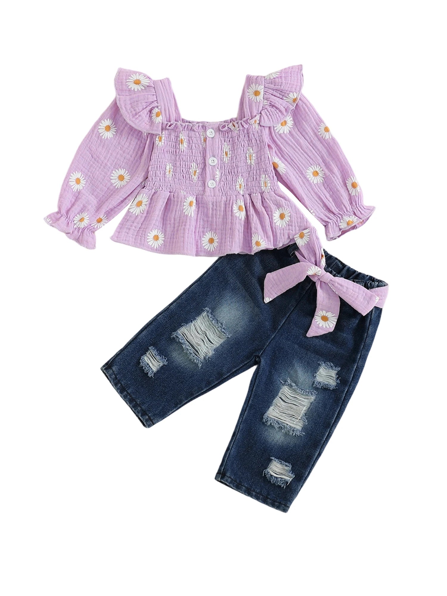 Girls 2-Piece Outfit Set with Floral Print Long Sleeve
