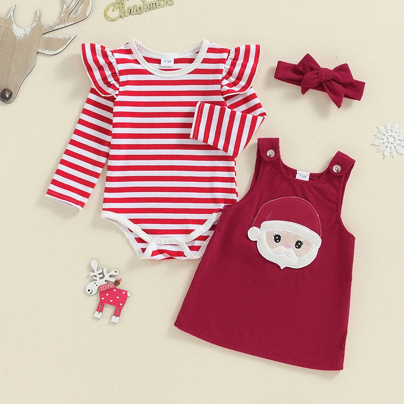 2024-05-18 Lioraitiin Baby Girl Thanksgiving Outfits Stripe Long Sleeve Romper Turkey Embroidery Overalls Dress Headband Set