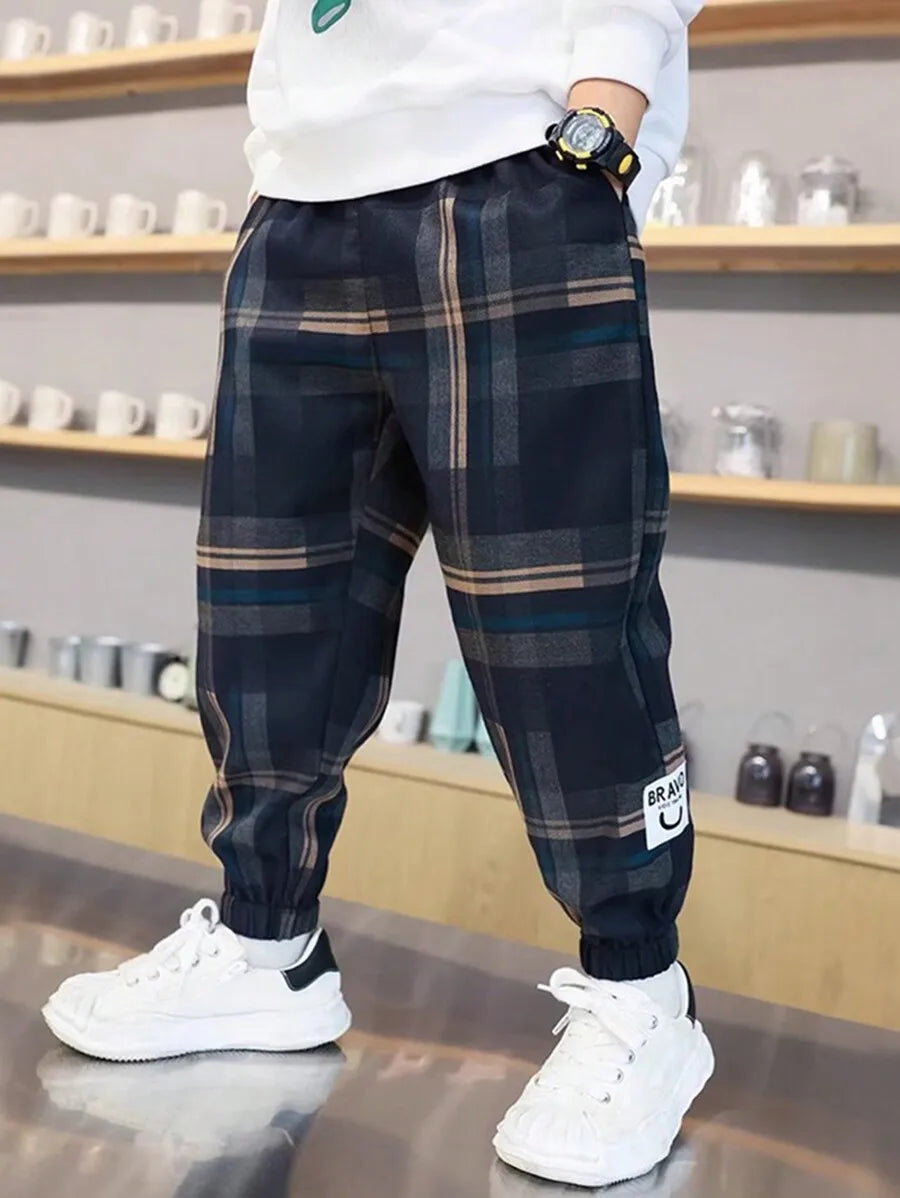 Boys Loose Fit Plaid Jogger Pants with Elastic Cuffs