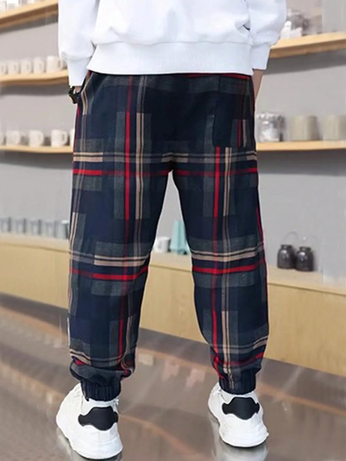 Boys Loose Fit Plaid Jogger Pants with Elastic Cuffs