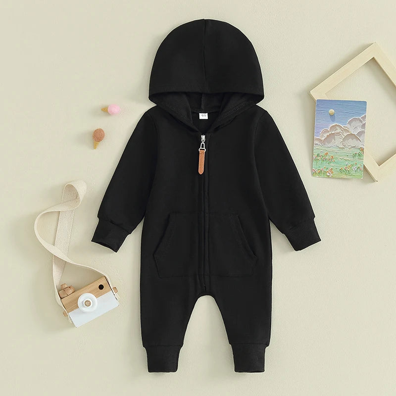 0-12M Newborn Baby Boys Girls Clothing Zipper Hooded Jumpsuit Romper