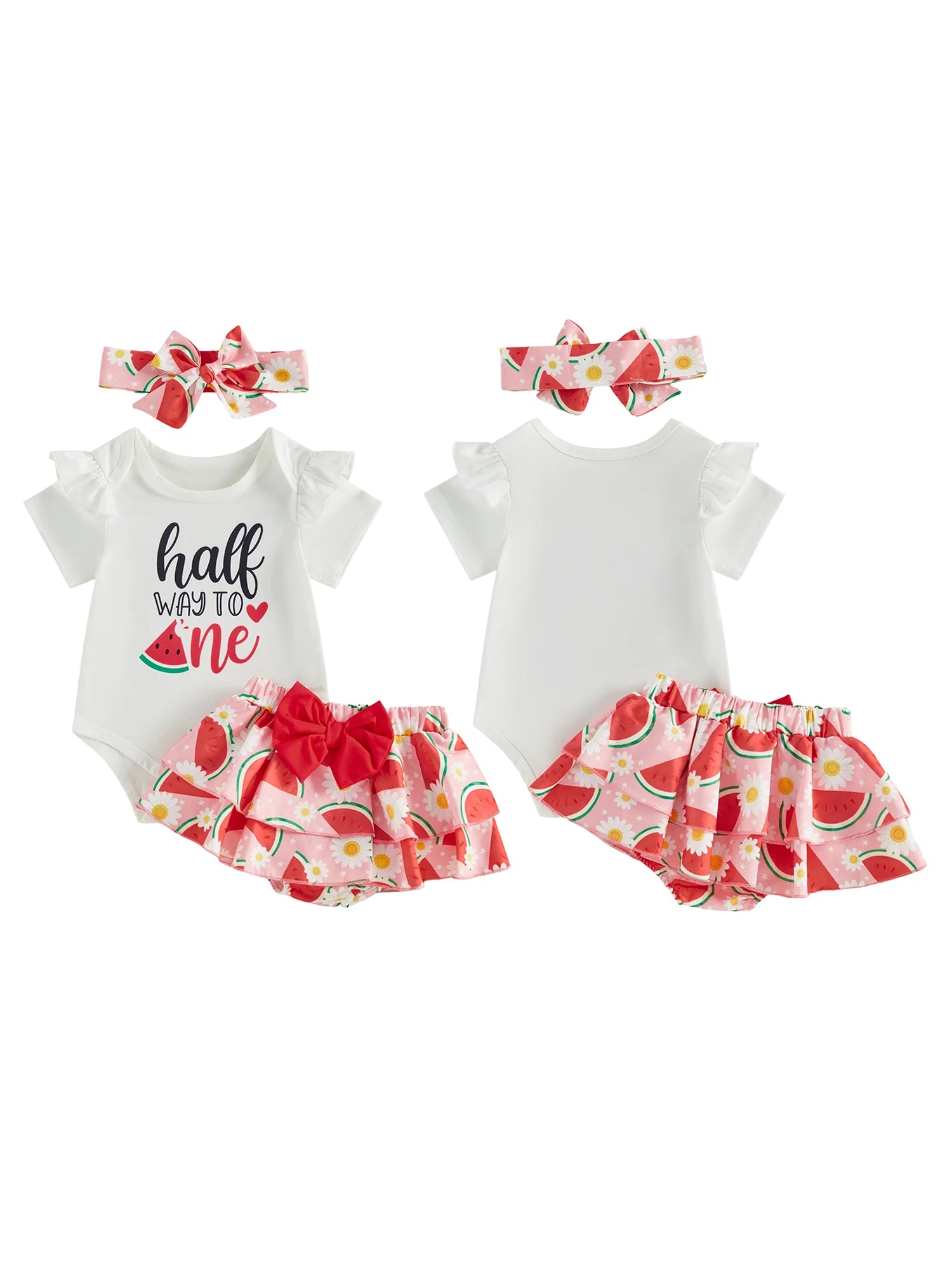 Baby Girl 6 Month Birthday Set with Ruffle Romper Skorts and Headband