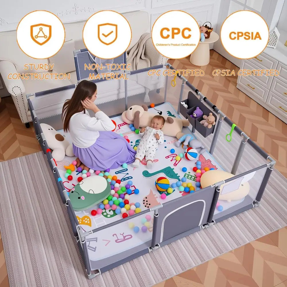 Gray Playpen for Babies & Toddlers, 79x71 with Mat